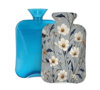 Myfsucce Botella de agua caliente de 2 litros con funda, estampado de margaritas grises y blancas, bolsa de agua caliente de PVC reutilizable para aliviar el dolor, calambres y calor (12.2 x 8