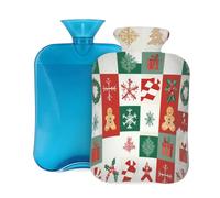 Myfsucce Botella de agua caliente de 2 litros con funda, estampado de retazos de pan de jengibre navideño, bolsa de agua caliente reutilizable de PVC para aliviar el dolor, calambres y calor (12.2 x 8