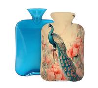 Myfsucce Botella de agua caliente de 2 litros con funda, estampado floral de pavo real, bolsa de agua caliente reutilizable de PVC para aliviar el dolor, calambres y calor (12.2 x 8 pulgadas)