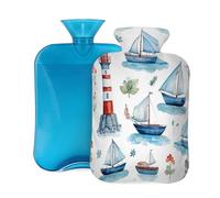 Myfsucce Botella de agua caliente de 2 litros con funda, estampado náutico de faro, bolsa de agua caliente de PVC reutilizable para alivio del dolor, calambres y calor (12.2 x 8 pulgadas)