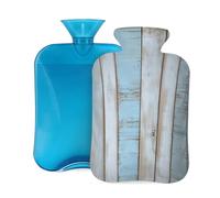 Myfsucce Botella de agua caliente de 2 litros con funda, estampado rústico de madera azul y blanco, bolsa de agua caliente de PVC reutilizable para aliviar el dolor, calambres y calor (12.2 x 8