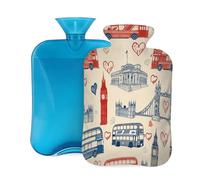Myfsucce Botella de agua caliente de 2 litros con tapa, diseño de autobús británico de Londres, Big Ben, bolsa de agua caliente reutilizable de PVC para aliviar el dolor, calambres y calor (12.2 x 8