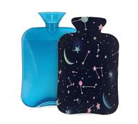 Myfsucce Botella de agua caliente de 2 litros con tapa, estampado de constelación y luna - Bolsa de agua caliente de PVC reutilizable para alivio del dolor, calambres y calor (12.2 x 8 pulgadas)