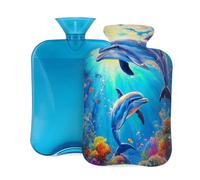Myfsucce Botella de agua caliente de 2 litros con tapa, estampado de delfines y océano, bolsa de agua caliente reutilizable de PVC para aliviar el dolor, calambres y calor (12.2 x 8 pulgadas)