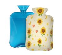 Myfsucce Botella de agua caliente de 2 litros con tapa, estampado de girasol, luna y estrella, bolsa de agua caliente reutilizable de PVC para aliviar el dolor, calambres y calor (12.2 x 8 pulgadas)