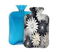 Myfsucce Botella de agua caliente de 2 litros con tapa, estampado de margaritas blancas, bolsa de agua caliente de PVC reutilizable para aliviar el dolor, calambres y calor (12.2 x 8 pulgadas)