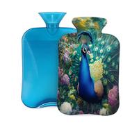 Myfsucce Botella de agua caliente de 2 litros con tapa, estampado floral de pavo real, reutilizable, de PVC, para aliviar el dolor, calambres y calor (31 x 20 cm)