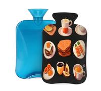 Myfsucce Botella de agua caliente de 2 litros con tapa, impresión de pan de café, alimentos, bolsa de agua caliente de PVC reutilizable para aliviar el dolor, calambres y calor (12.2 x 8 pulgadas)