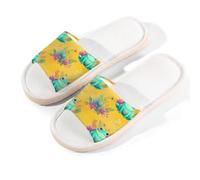 Myfsucce Pantuflas de punta abierta para mujer, antideslizantes, cómodas, transpirables, de lino de verano, pantuflas de casa para mujeres y hombres, para interiores, Rana amarilla de dibujos animados