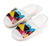 Myfsucce Pantuflas de punta abierta para mujer, antideslizantes, cómodas, transpirables, de lino de verano, pantuflas de casa para mujeres y hombres, para interiores, Arte triangular vibrante, 38.5