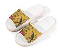 Myfsucce Pantuflas de punta abierta para mujer, antideslizantes, cómodas, transpirables, de lino de verano, pantuflas de casa para mujeres y hombres para interiores, Rama de flores de pájaro amarillo