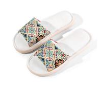 Myfsucce Pantuflas de punta abierta para mujer, antideslizantes, cómodas, transpirables, de lino de verano, pantuflas de casa para mujeres y hombres, para interiores, Art Mexican Ceramic Tile Boho