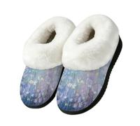 Myfsucce Pantuflas esponjosas para mujer y hombre, cálidas, acogedoras, con | Cuello de piel sintética de felpa, suela de goma TPR antideslizante, invierno interior y exterior, prado de flores de cosmos