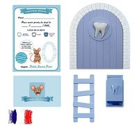 Myfuturshop® Puerta infantil para dejar dientes de leche al Ratoncito Perez + Caja para los dientes, + Escalera + 4 certificados de Diente Limpio. Regalo para niño y niña. VERSION FRANCESA (AZUL)