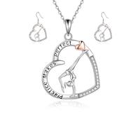 MYGLOAR Cadena fina de plata 925, pendientes, collar con colgante de gimnasia en forma de corazón de plata de ley 925, regalo con temática de bailarina, joyería deportiva para mujeres y niñas