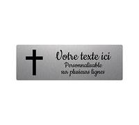 Mygoodprice Placa grabada funeraria con diseño de cruz cristiana autoadhesiva, 30 x 10 cm, personalizada, 1 a 3 líneas de aluminio cepillado