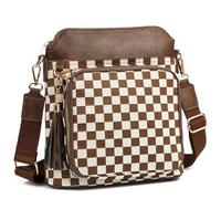Myhozee Umhängetasche Damen Mittelgroß Handtasche Damen Mittelgroß mit 6 Kartenfächer Crossbody Bag Damen Schultertasche mit RFID-Blockierung für Arbeit Reisen Alltag, K176-blanco-café-cuadros