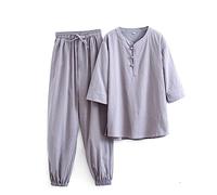 MYIESAXL Mujeres Chino Kung Fu Uniforme Algodón Lino Artes Marciales Conjunto Pantalones de Manga Corta Zen Meditación Uniforme Tai Chi Ropa Abrigo, Traje Tang