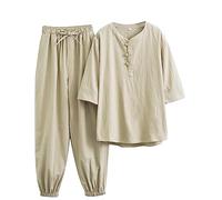 MYIESAXL Mujeres Chino Kung Fu Uniforme Algodón Lino Artes Marciales Conjunto Pantalones de Manga Corta Zen Meditación Uniforme Tai Chi Ropa Abrigo, Traje Tang