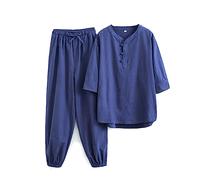 MYIESAXL Mujeres Chino Kung Fu Uniforme Algodón Lino Artes Marciales Conjunto Pantalones de Manga Corta Zen Meditación Uniforme Tai Chi Ropa Abrigo, Traje Tang