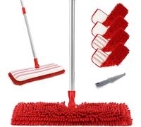 Myiosus Juego de mopa para suelo con mango ajustable de 127 cm, mopa plana con 4 almohadillas de chenilla lavables, suelo para madera dura, suelo de baldosas, laminado, enviar 1 rascador, rojo