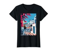 Mykonos Grecia Arte Estética Minimalista Camiseta gráfica económica, Mujer, Negro, L