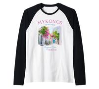 Mykonos Grecia Pink Bougainvillea Flower Historic Town Girls Camiseta Manga Raglan