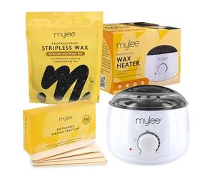 Mylee Kit de Cera Profesional - Calentador Eléctrico, Cera Dura, Espátulas - Depilación sin Bandas para Cara, Cuerpo, Bikini, Brasileña - Piel Suave en Casa o Salón (500g, Carbón vegetal y té verde)