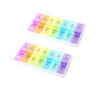 MYLERCT 2 Piezas Pastillero Semanal Pequeño, Pastillero Semanal 2 Tomas, Pastilleros de Colores con Recordatorios en Inglés Mañana y Tarde, para Guardar Vitaminas, Aceites de Pescado