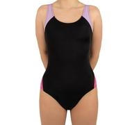 MYLILY Bañador Menstrual Niñas, Adolescentes & Mujer Sport Espalda Nadadora | para Piscina, Natación & Clases | 2-3 Tampones | Antifugas, Neutro al Olor, Oeko-Tex | Black/Lilac/Pink, L