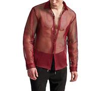 Mymyguoe Camisa de encaje transparente para hombre, camisa de malla sexy para discoteca, camiseta de manga larga, transparente, camisetas musculares, camisetas de malla, camiseta interior de los años