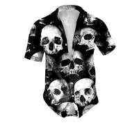 Mymyguoe Camisa de Halloween para hombre, calavera de manga corta, disfraz de Halloween, camisa de esqueleto, impresión 3D, camisa de Halloween, camisa de solapa, camiseta fea, corte regular, tira de