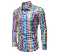 Mymyguoe Camisa de lentejuelas para hombre con purpurina, camisa de manga larga, arcoíris, discoteca, club, disfraz, cachemira, camisa brillante con purpurina, multicolor, disfraz de los años 70 y 80