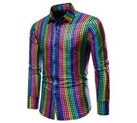 Mymyguoe Camisa de lentejuelas para hombre con purpurina, camisa de manga larga, arcoíris, discoteca, club, disfraz, cachemira, camisa brillante con purpurina, multicolor, disfraz de los años 70 y 80