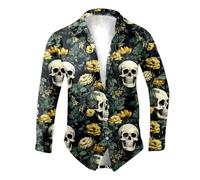 Mymyguoe Camisa de playa con estampado de calavera para hombre, estampado 3D, camisa de solapa, camiseta fea, disfraz de Halloween, camisa hawaiana, camisa informal, top clásico, verde oscuro, XL