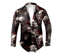 Mymyguoe Camisa de playa con estampado de calavera para hombre, estampado 3D, camisa de solapa, camiseta fea, disfraz de Halloween, camisa hawaiana, camisa informal, top clásico, rojo ladrillo, S