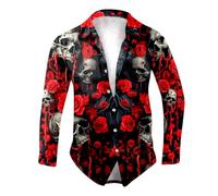 Mymyguoe Camisa de playa con estampado de calavera para hombre, estampado 3D, camisa de solapa, camiseta fea, disfraz de Halloween, camisa hawaiana, camisa informal, top clásico, rojo, 3XL