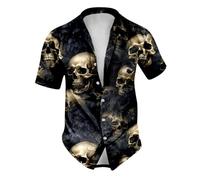 Mymyguoe Camisa de solapa con calavera para hombre, camisa informal de playa, camisa de ocio, ligera, camiseta estampada espeluznante, camisa de Halloween, camisa de fiesta, disfraz de Halloween