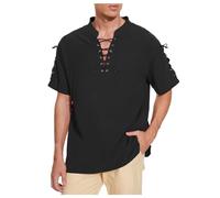 Mymyguoe Camisa medieval para hombre, camisa de lino, retro, con cordones, camiseta funcional ligera, de algodón, lino, piratas, vikingos, renacentistas, vikingos, Negro , XXL