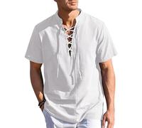 Mymyguoe Camisa medieval para hombre, camisa de lino, retro, con cordones, camiseta funcional ligera, de algodón, lino, piratas, vikingos, renacentistas, vikingos, 01 blanco, L