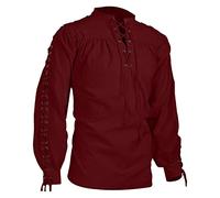 Mymyguoe Camisa medieval para hombre, camisa de lino tradicional, estilo retro, con cordones, disfraz victoriano, estilo victoriano, pirata, camisa de lino, informal, manga larga, camisa Henley, Vino