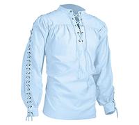 Mymyguoe Camisa medieval para hombre, camisa de lino tradicional, estilo retro, con cordones, disfraz victoriano, estilo victoriano, pirata, camisa de lino, informal, manga larga, camisa Henley, azul
