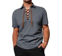 Mymyguoe Camisa medieval para hombre, túnica con cordones, camisa casual para hombre, ropa vikinga, camisa de verano, estilo gótico, retro, manga corta, cuello en V, cómodo cuello alto, suéter