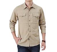 Mymyguoe Camisa táctica para hombre de secado rápido, camiseta funcional de manga larga, camisetas de safari, camisa de sobrecubierta, botones cargo, algodón, camisa de trabajo, ligera y transpirable
