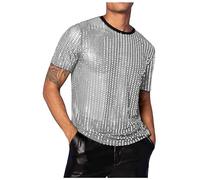 Mymyguoe Camiseta con purpurina para hombre con lentejuelas, camisa metálica, traje rave, disfraz de los años 70 y 80, camiseta de verano para hombre, color plateado dorado, con cuello redondo, plata