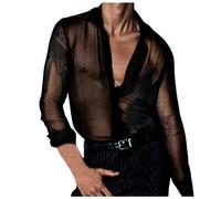 Mymyguoe Camiseta sexy de malla transparente para hombre, camiseta erótica de manga larga, aspecto mojado, camiseta de malla transparente, transpirable, talla fina, cómoda, camiseta interior para