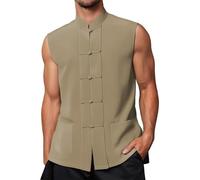 Mymyguoe Chaleco de lino chino tradicional para hombre, chaleco casual de lino de algodón Kung Fu Tai Chi Qi Gong Wushu Taekwondo Ropa Chino Hecho a mano Tangzhuang Camiseta de tirantes Chaleco de