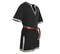 Mymyguoe Disfraz de steampunk renacentista para hombre, túnica medieval, camisa vikinga, guerras, manga corta, disfraz de Halloween, disfraz de carnaval Ailrik con cenefa de caballero, Negro , XL