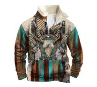 Mymyguoe Jersey de forro polar para hombre, estilo vintage, occidental, cuello alto, moda hip hop, largo, vaquero, retro, indio, tótem étnico, camiseta con estampado nativo americano, verde, XXL