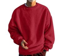 Mymyguoe Jersey de forro polar para hombre, sudadera de felpa de peluche, suéter de invierno, forro polar, cálido, manga larga, sin capucha, suéter grueso, jersey de algodón, tops para hombre, rojo